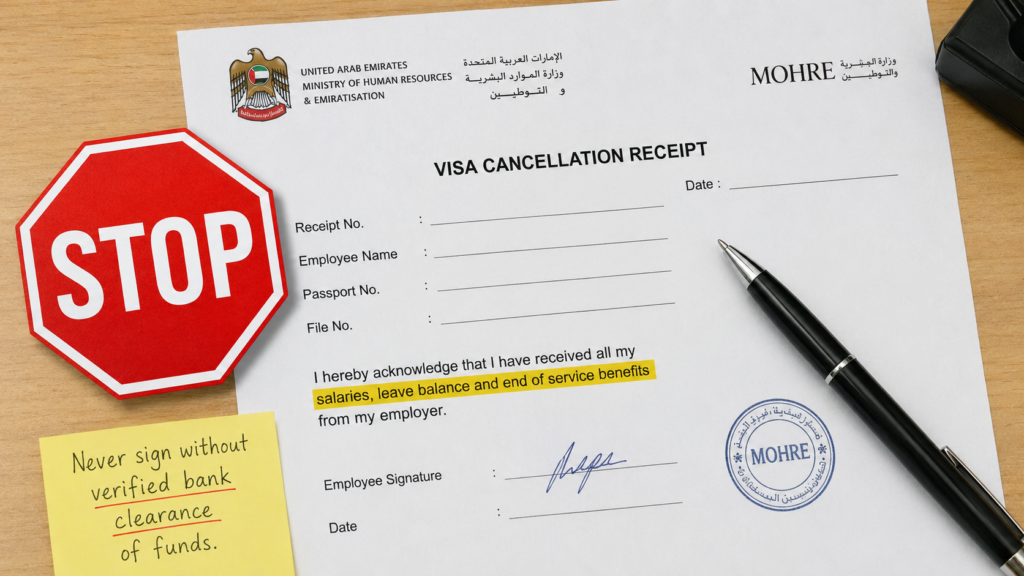 Visa cancellation form with payment clearance warning